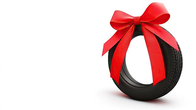 Car tire adorned with festive red ribbon and bow set against a clean white backdrop for creative holiday promotions and marketing ideas