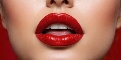 Obraz premium Red lips banner background with beautiful female lips macro view with lipstick and gloss makeup and red color backdrop with copy space