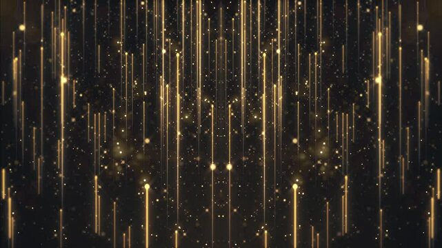 Abstract background animation with glittering shiny gold particles and shooting golden stars. This luxury glamorous awards ceremony motion background animation is full HD and a seamless loop.