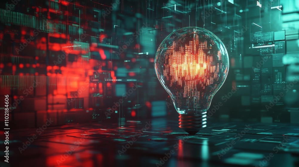 Poster glowing light bulb with digital data in futuristic environment