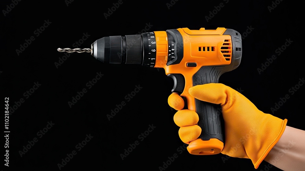 Poster power drill in use for woodwork project with rubber gloves on hand creating a safe construction envi