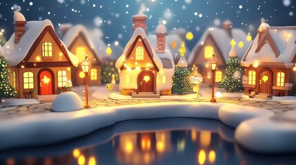 Obraz premium Enchanting Winter Wonderland: Cozy Snowy Village with Lit Homes and Christmas Tree