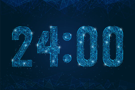 Abstract isolated blue image of C24 00 o clock , twelve am - pm. Polygonal low poly wireframe illustration looks like stars in the black night sky. Digital clock closeup display.