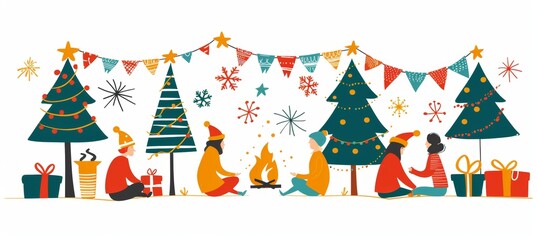 People gather around a campfire in a snowy winter forest, singing joyful holiday songs together