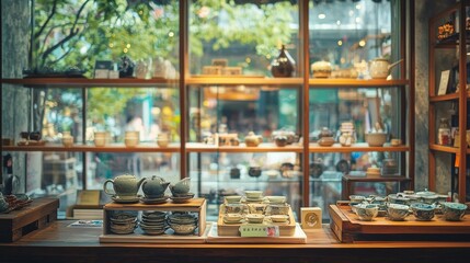 Elegant tea sets displayed in a cozy shop interior