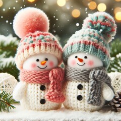 Two little lovely snowman in knitted skandi hat and scarfs standing in winter landscape. Merry Christmas and happy New Year greeting card