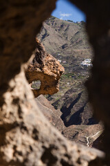 Gran Canaria, landscape of the central part of the island, rock formation variously called Perro del Bentayga, Dog of Bentayga, Guardian del Bentayga, Guardian of Bentayga, etc