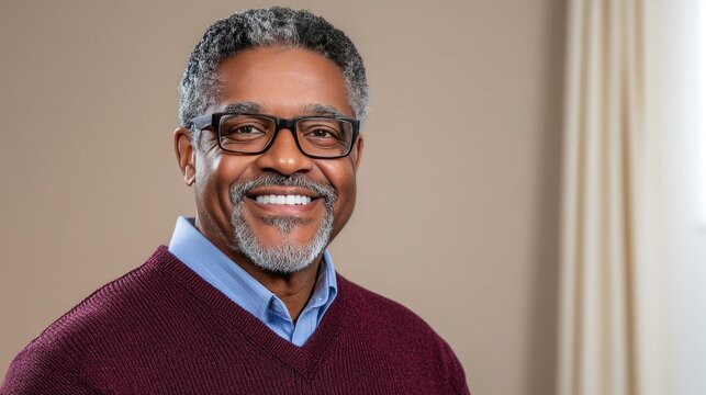 Smiling senior man enjoys a warm moment in his cozy living room, radiating joy and wisdom through genuine laughter and comfort