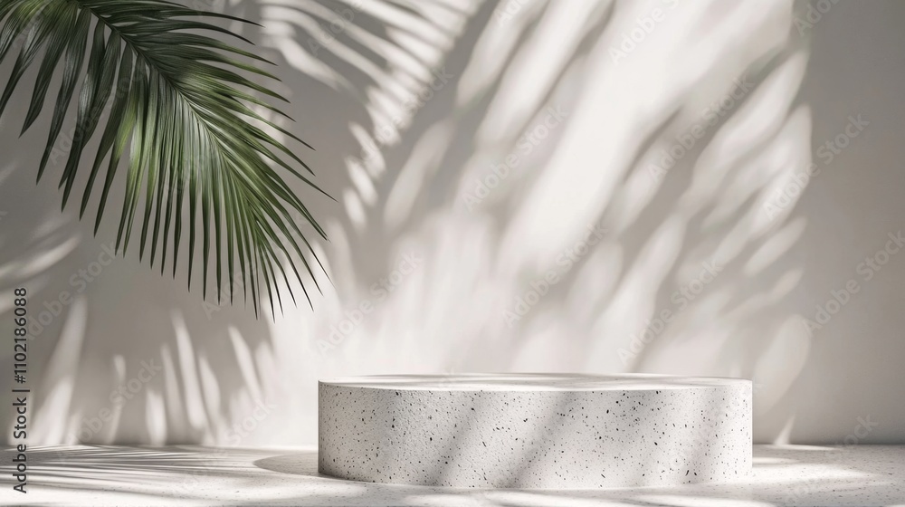 Poster minimalist display pod with soft shadows and greenery background