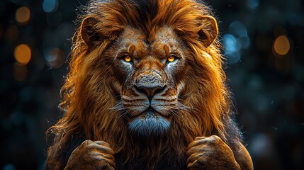 A muscular lion with a powerful mane flexing its biceps on a stage showcasing its raw strength and dominance