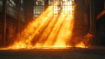 Dramatic light rays illuminating dust particles in an abandoned industrial warehouse captured in a moody atmosphere
