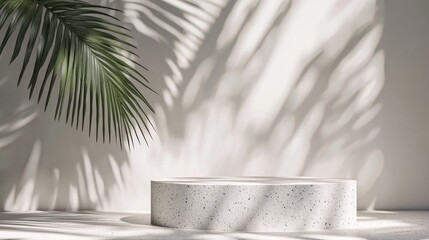 Minimalist Display Pod with Soft Shadows and Greenery Background
