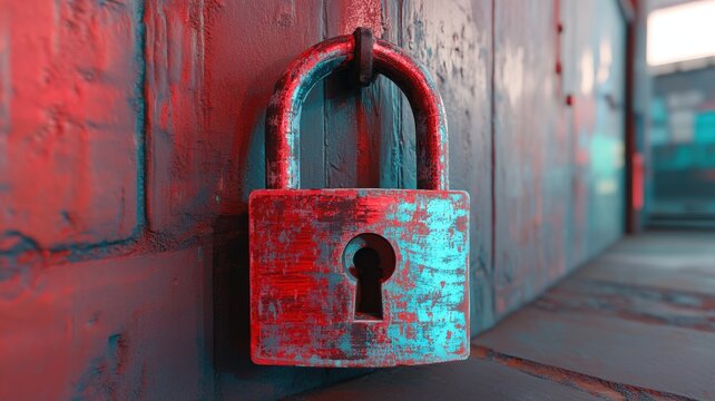 Cybersecurity concept glitch effect over padlock urban environment digital security focus close-up view