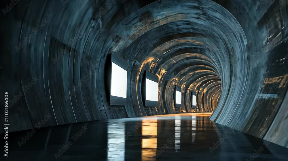 Poster unique curved tunnel with illuminated windows reflecting on a polished floor in a modern architectur