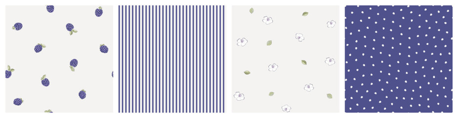 Vector illustrations. Seamless patterns in beige blue purple tones, blackberries, flowers, leaves, stripes, dots. Ditsy fruits, summer, fabric design, textiles, wrapping paper