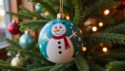 Colorful snowman ornament hanging on Christmas tree with lights and decorations