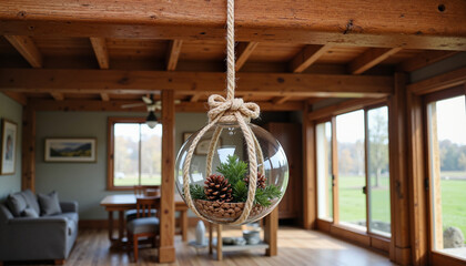 Modern glass terrarium with pine cone and greenery hanging in rustic cabin interior
