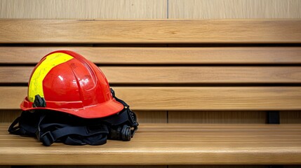 Firefighter gear arranged neatly on a bench in a fire station ready for action and teamwork