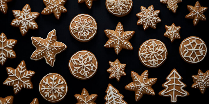 Weihnachtliche Pl&auml;tzchen in Stern- und Baumformen mit Zuckerguss-Schneeflocken auf dunklem Hintergrund liebevoll angeordnet