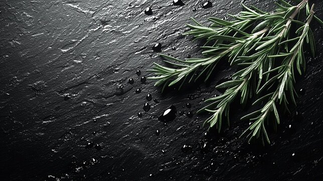 Fresh rosemary sprig on dark slate surface with water droplets