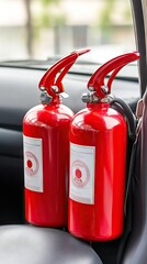 Safe driving essentials with a fire extinguisher in a tidy vehicle interior highlighting safety and preparedness