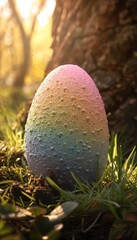 Vibrant easter egg hidden in lush grass under a tree with gentle breeze rustling the leaves