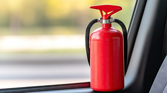 Innovative safety feature inside a modern vehicle with a vibrant fire extinguisher on display - Powered by Adobe