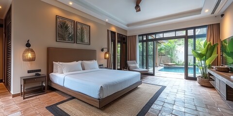 Modern bedroom with king size bed, a private pool and large sliding doors.