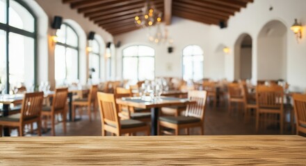 Fototapeta premium Wooden board empty table in front of blurred background Mockup restaurants, Kitchen