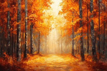 Fototapeta premium Breathtaking Autumnal Landscape with Vibrant Foliage along a Winding Forest Path