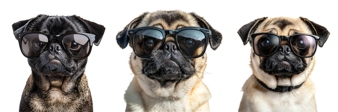 A head of a pug wearing oversized black retro sunglasses playful and quirky isolated on white and transparent background