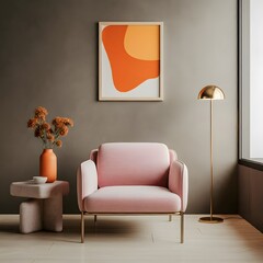 Minimalist interior design of modern living room. Stylish modern room featuring a pink armchair, abstract orange wall art and minimalist decor with natural light