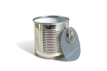 An empty aluminum can is on a white background.	
