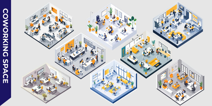Isometric illustration of a modern coworking space with desks, computers, and people collaborating in a bright