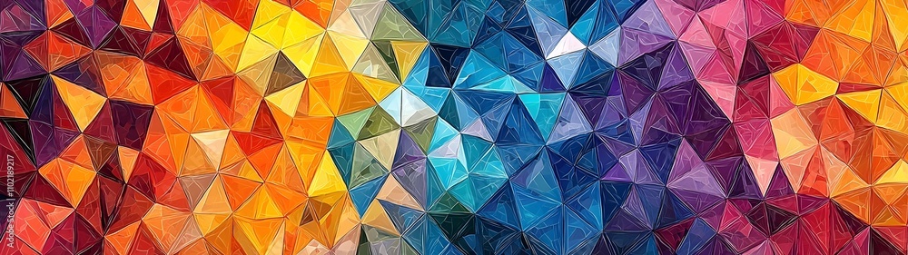 Poster a vibrant abstract pattern featuring a mosaic of colorful triangular shapes in warm and cool tones, 