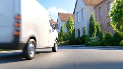 Delivery van speeds through suburban street with blurred background showcasing vibrant neighborhood life