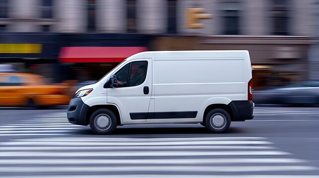 Delivery van speeds down bustling city street, capturing the energy and movement of urban life in a fast-paced environment