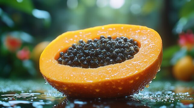 Fresh halved papaya with seeds in tropical setting showcasing vibrant colors and juicy texture