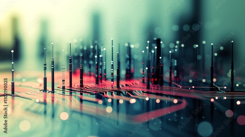 Aufkleber a minimalist depiction of a futuristic circuit board with sleek, vertical skyscrapers in the form of