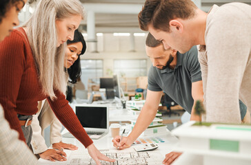 Architecture, collaboration and writing with business women in office together for building or...