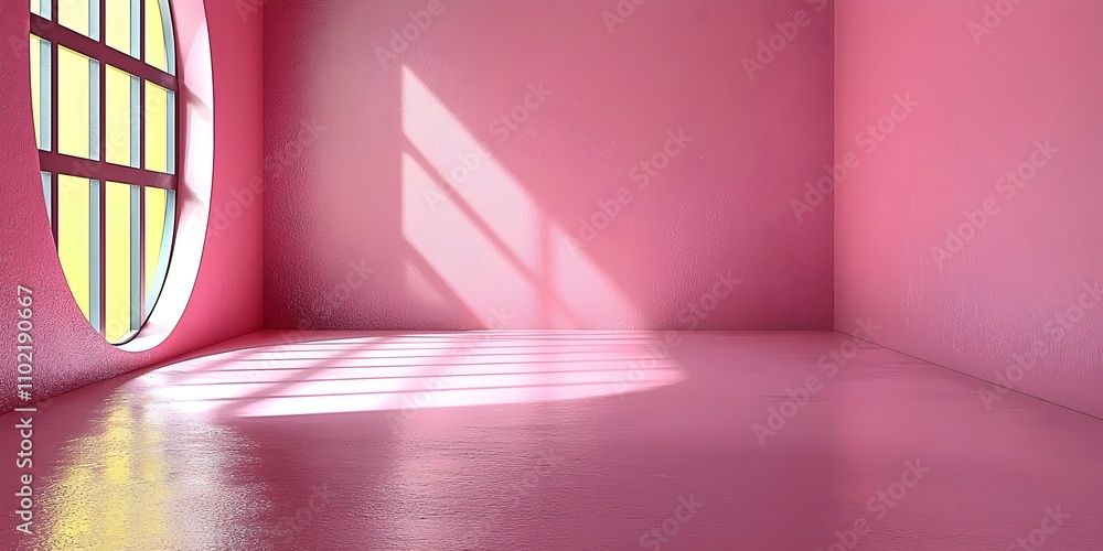 Poster a bright and inviting empty room featuring vibrant pink walls and a large circular window, casting s