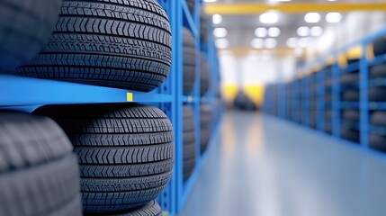 Stacked tires on blue shelves create an organized atmosphere in a bustling car tire shop