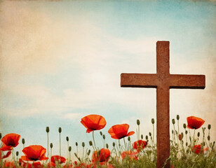 Remembrance Day, Memorial, Armistice, Anzac day background. Brown cross and poppies flowers on watercolor style background