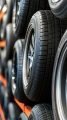 Display of high-quality tires arranged neatly on shelves in a car shop setting for convenient access and selection