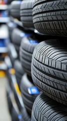Stacked tires ready for sale in a busy car shop during the day, showcasing automotive essentials for vehicle maintenance