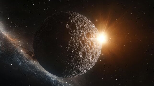 Ceres in space, a dwarf planet within the asteroid belt, illuminated by distant sunlight.
