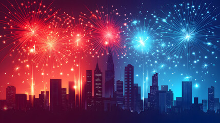 Fireworks Border for Fourth of July with Red and Blue Stars and Sparks Independence Day Celebration in the United States. 