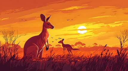 Black kangaroo silhouette leaps against a fiery sunset sky over the Australian outback