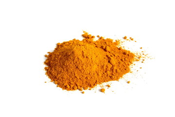 There is a pile of dry turmeric spice on a white background.