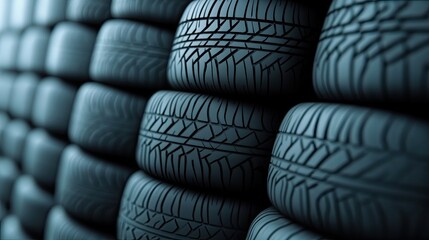 Stacked tires create an industrial landscape showcasing texture and wear in a close-up shot